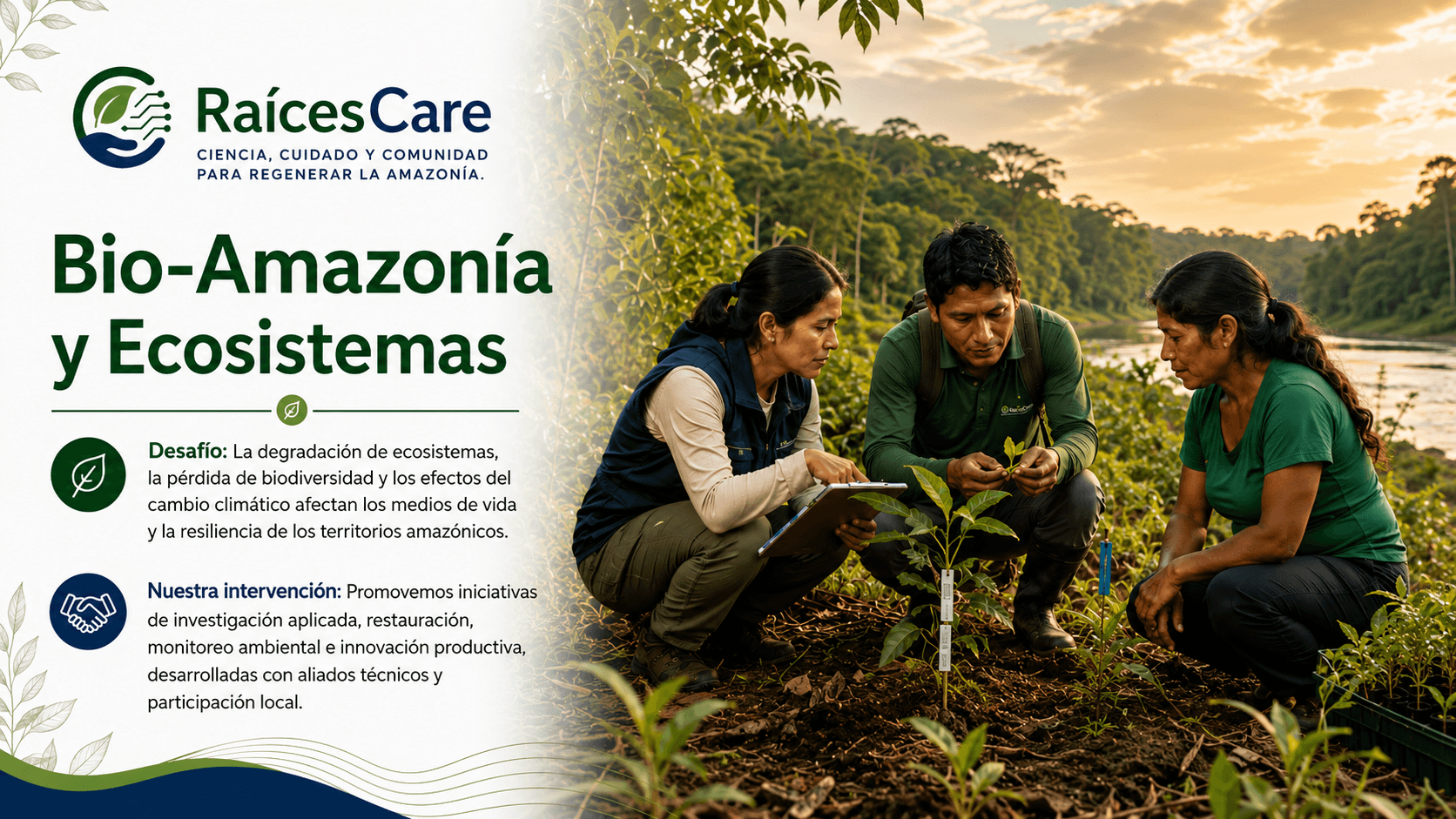 Bio-Amazonía y Ecosistemas. Desafío: la degradación de ecosistemas, la pérdida de biodiversidad y los efectos del cambio climático afectan los medios de vida y la resiliencia de los territorios amazónicos. Nuestra intervención: promovemos iniciativas de investigación aplicada, restauración, monitoreo ambiental e innovación productiva, desarrolladas con aliados técnicos y participación local