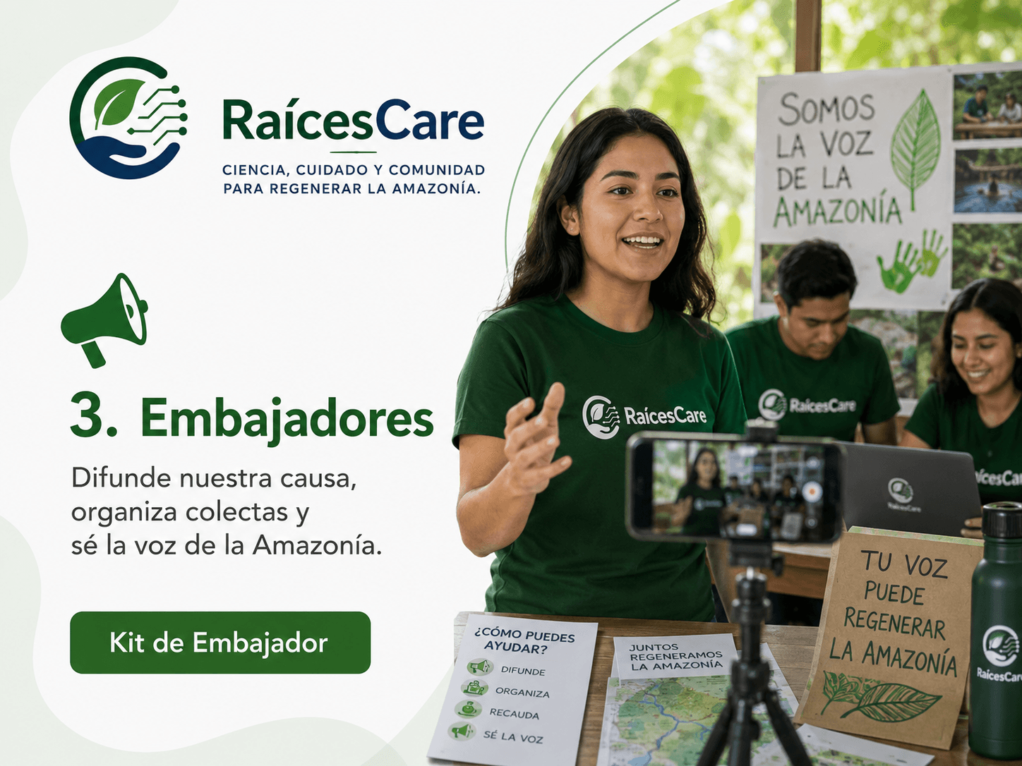 Embajadores institucionales: voluntaria de RaícesCare grabando un mensaje para difundir las campañas